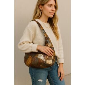 VTG 70s-Inspired Metallic Patchwork Leather Hobo | Boho Hippie Shoulder Bag